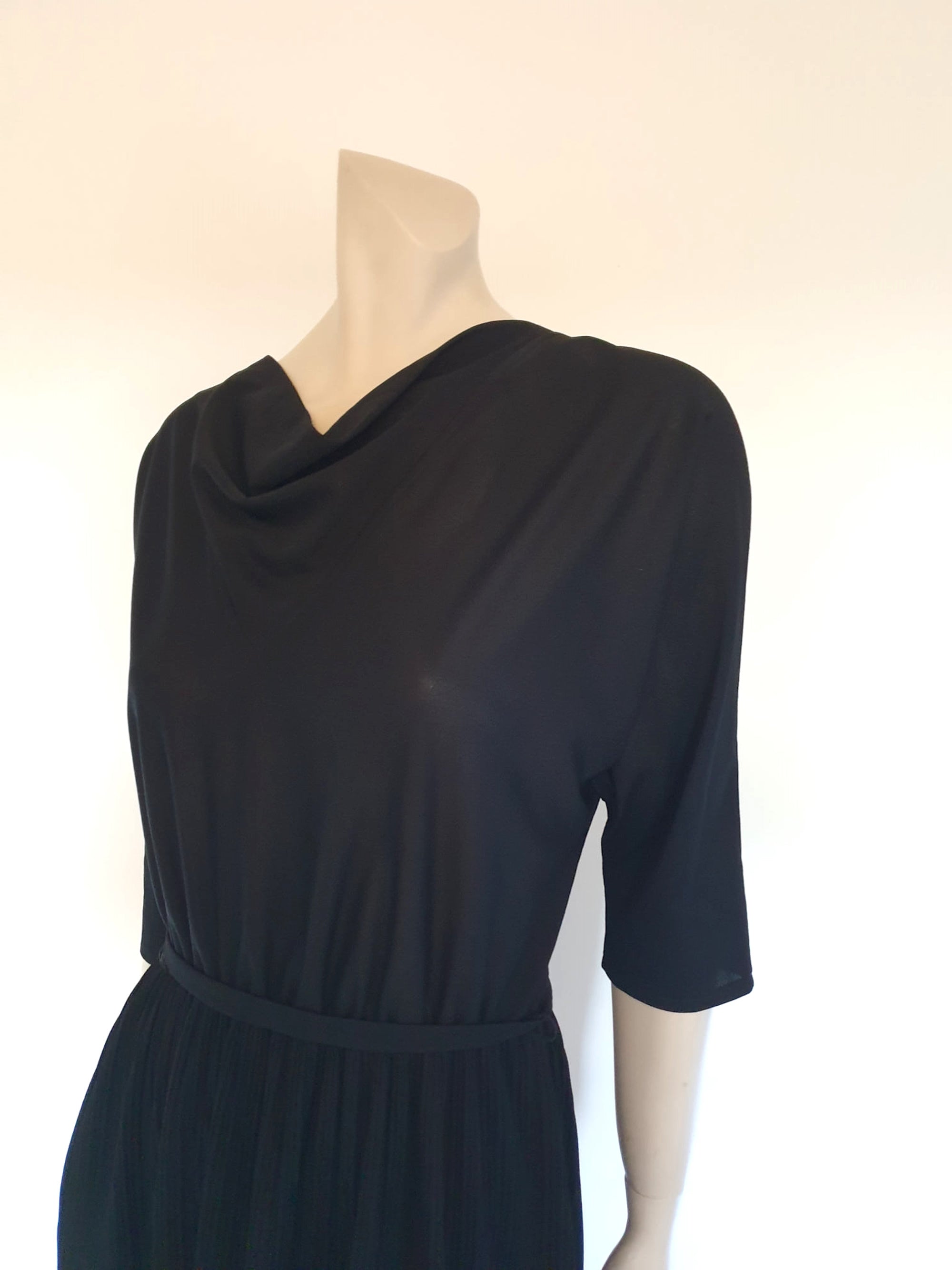 1970s black pleated dress with cowl neck and batwing sleeves by Zora medium