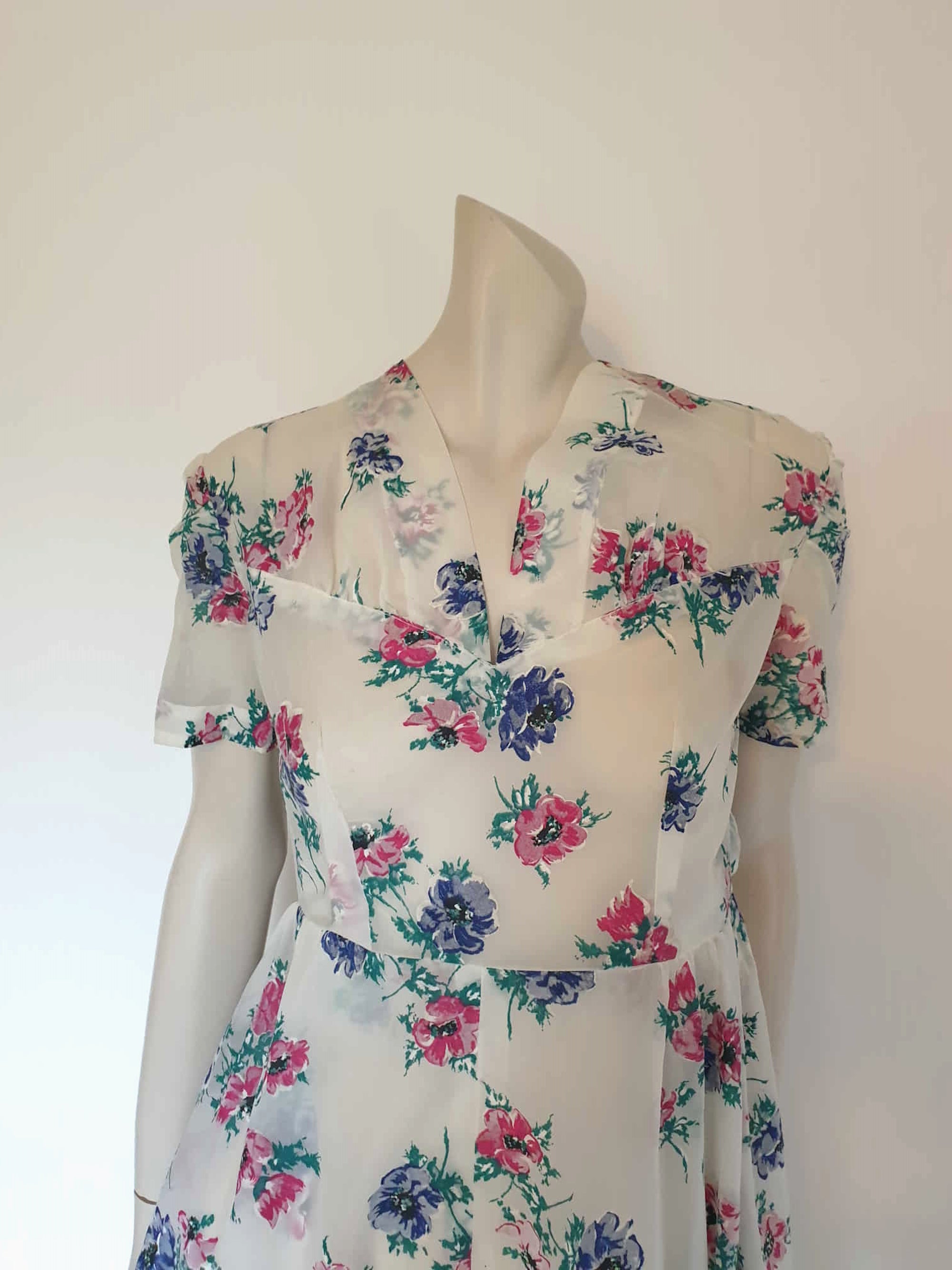 1950s vintage sheer flocked floral fit and flare dress 