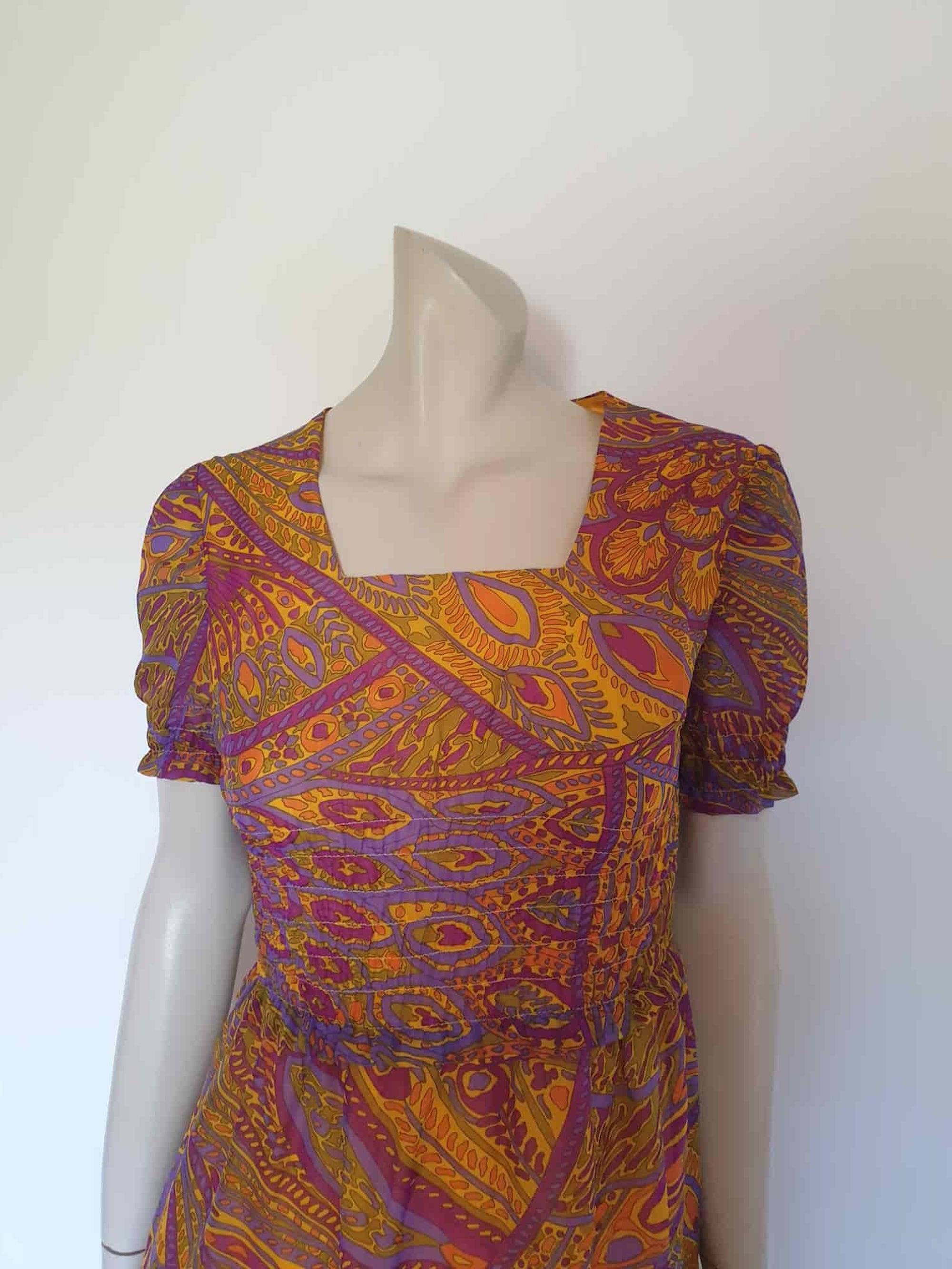 1960s vintage Purple and Yellow Abstract print maxi dress with shirred bodice small