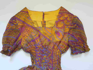 1960s vintage Purple and Yellow Abstract print maxi dress with shirred bodice small