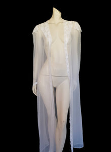 1990s vintage white peignoir with lace epaulettes and pointed sleeve by fredericks of hollywood medium