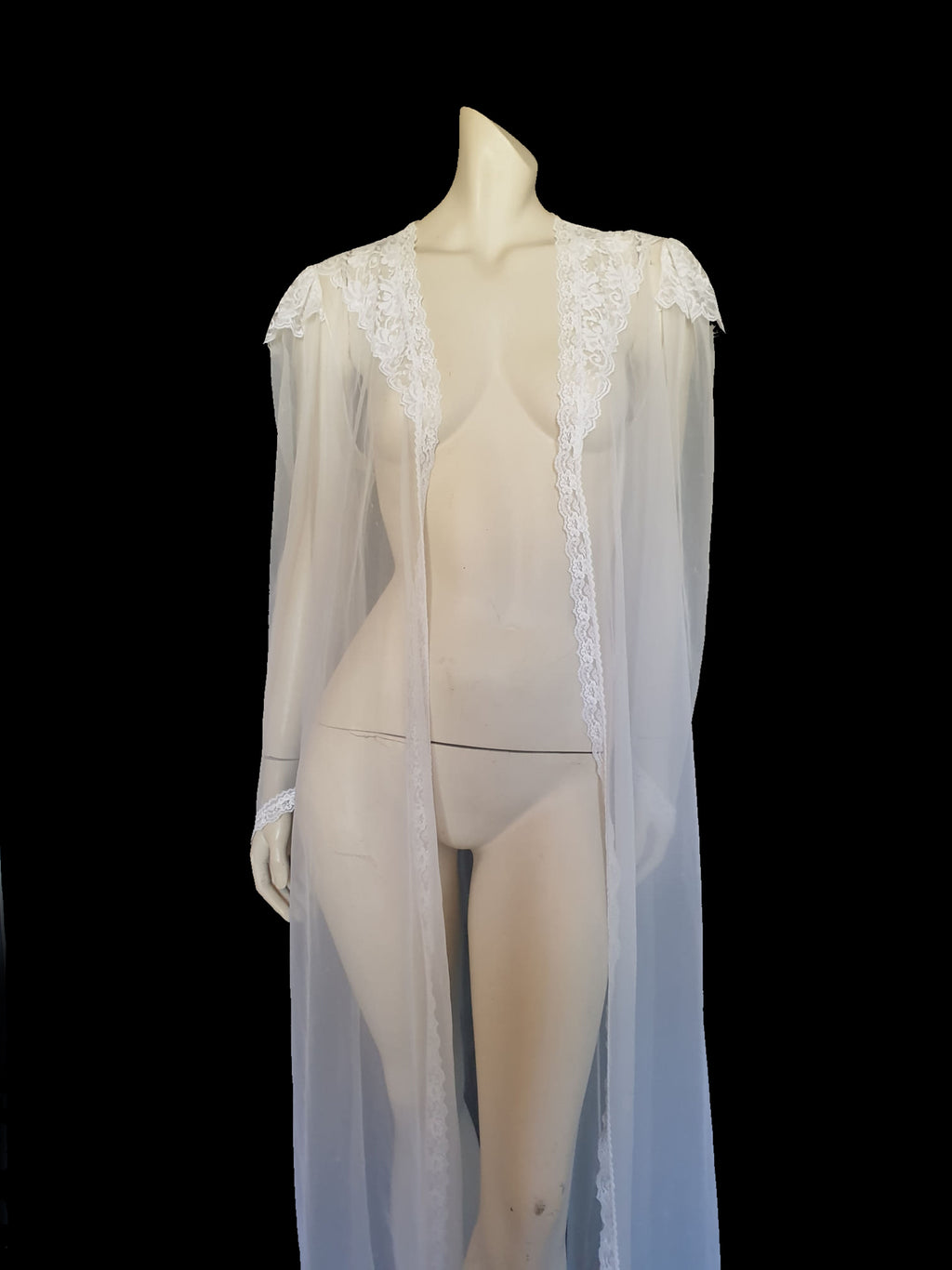 1990s vintage white peignoir with lace epaulettes and pointed sleeve by fredericks of hollywood medium