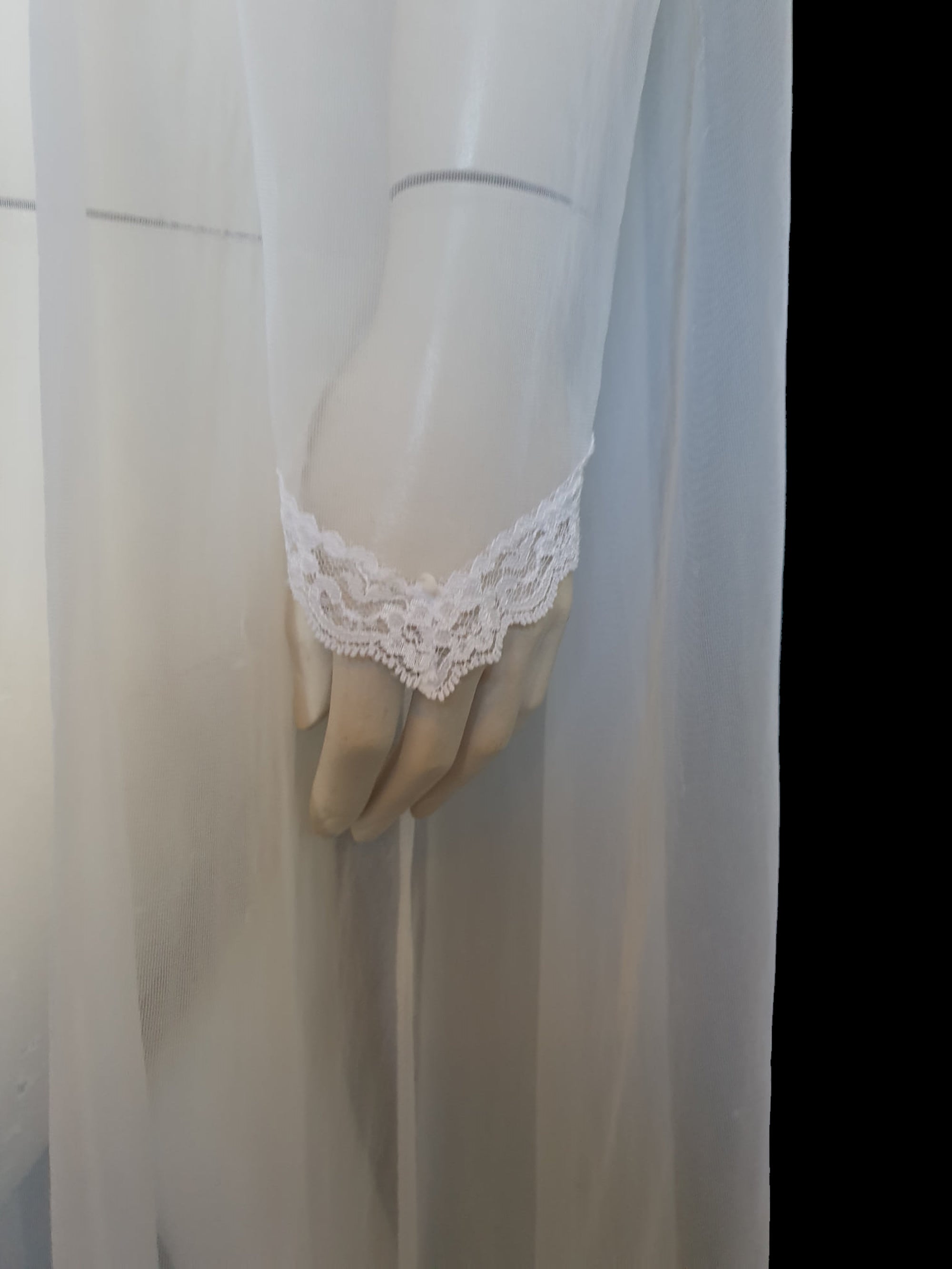1990s vintage white peignoir with lace epaulettes and pointed sleeve by fredericks of hollywood medium