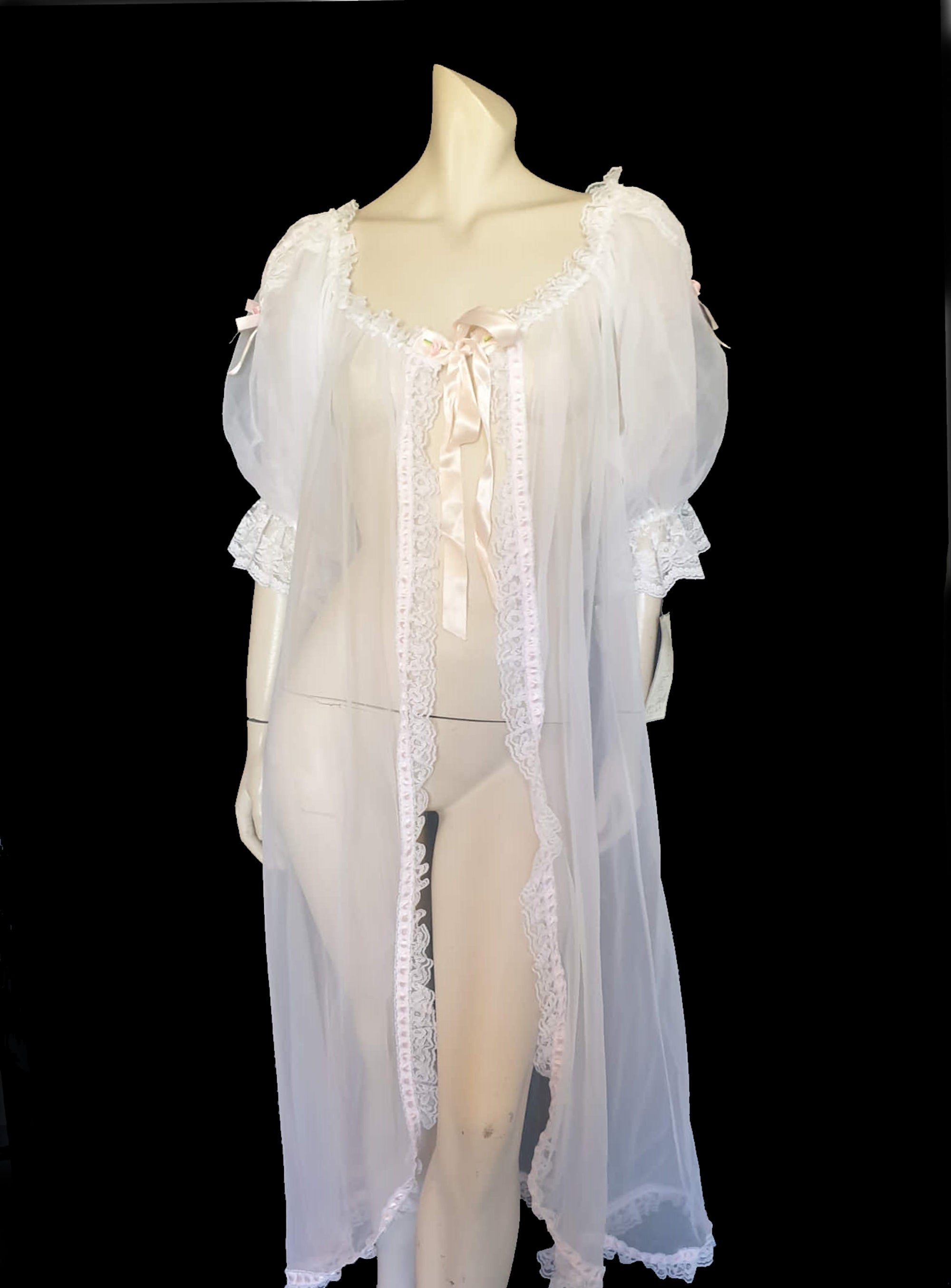 vintage dead stock sheer white peignoir negligee robe by val mode Medium