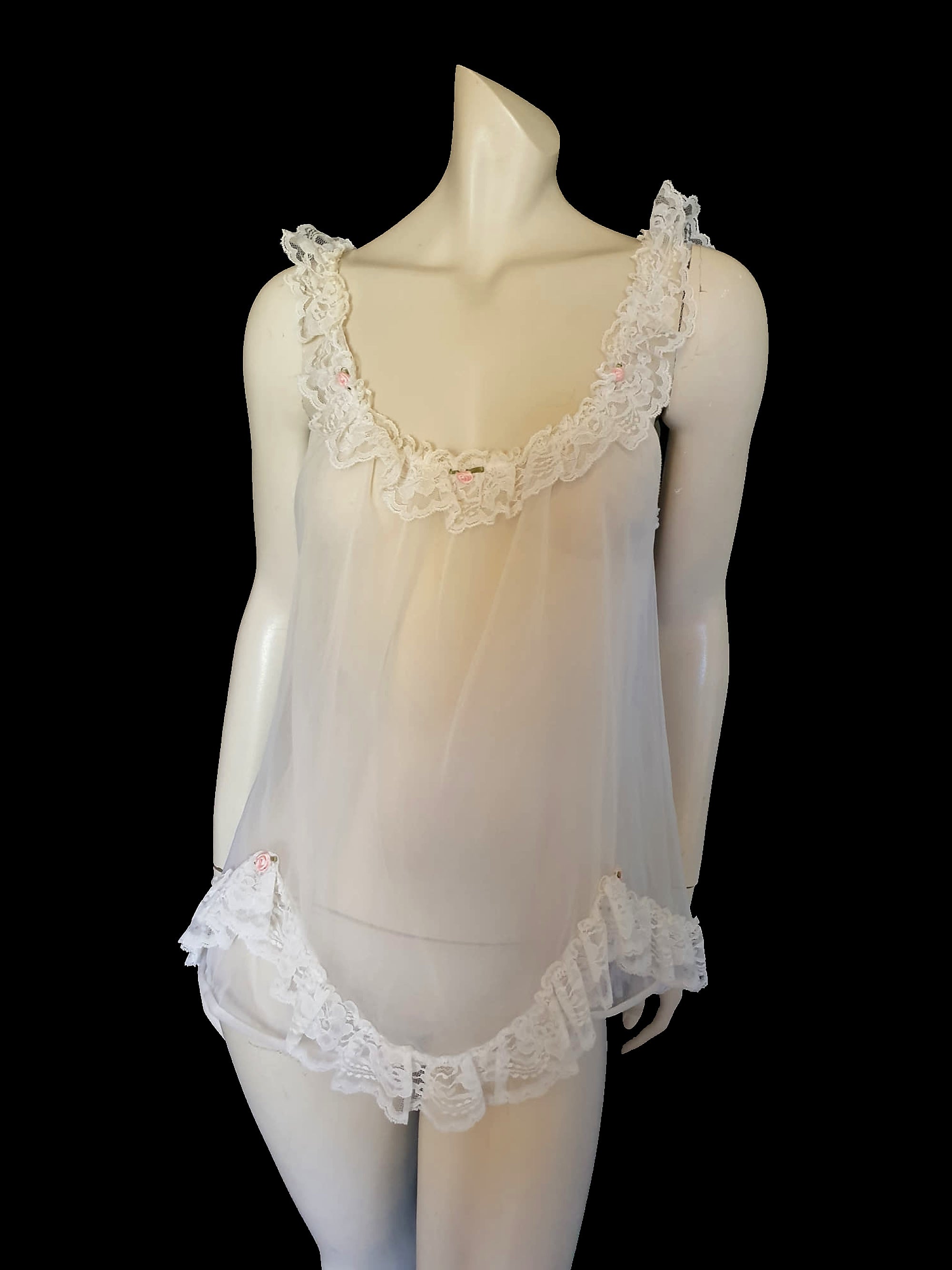 White Babydoll Nightgown With Pink Rosettes – Louisa Amelia Jane Vintage