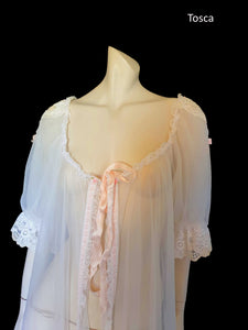 Vintage sheer white nylon negligee with pink ribbon and rosettes by Tosca or Delicates