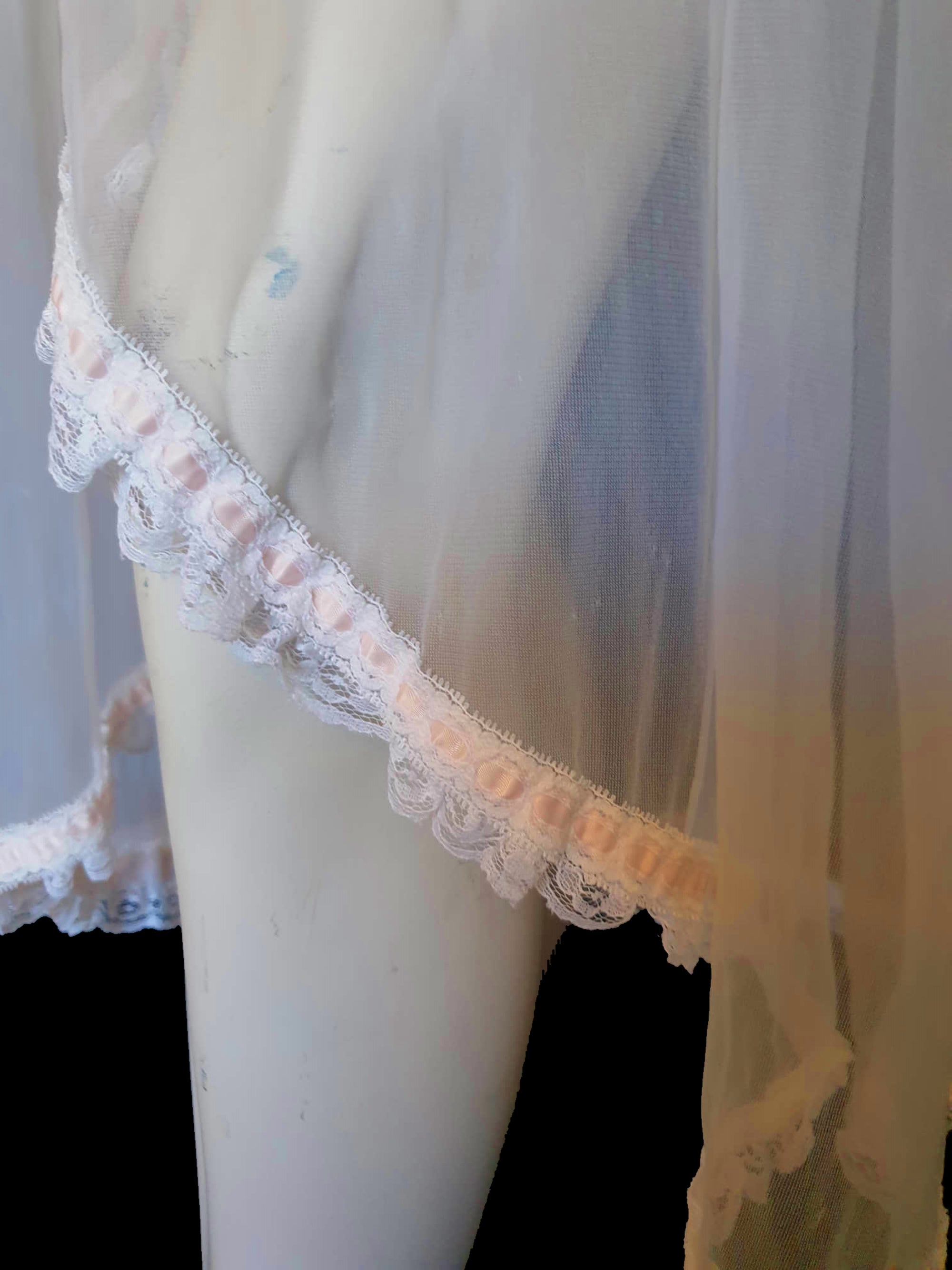 Vintage sheer white nylon negligee with pink ribbon and rosettes by Tosca or Delicates