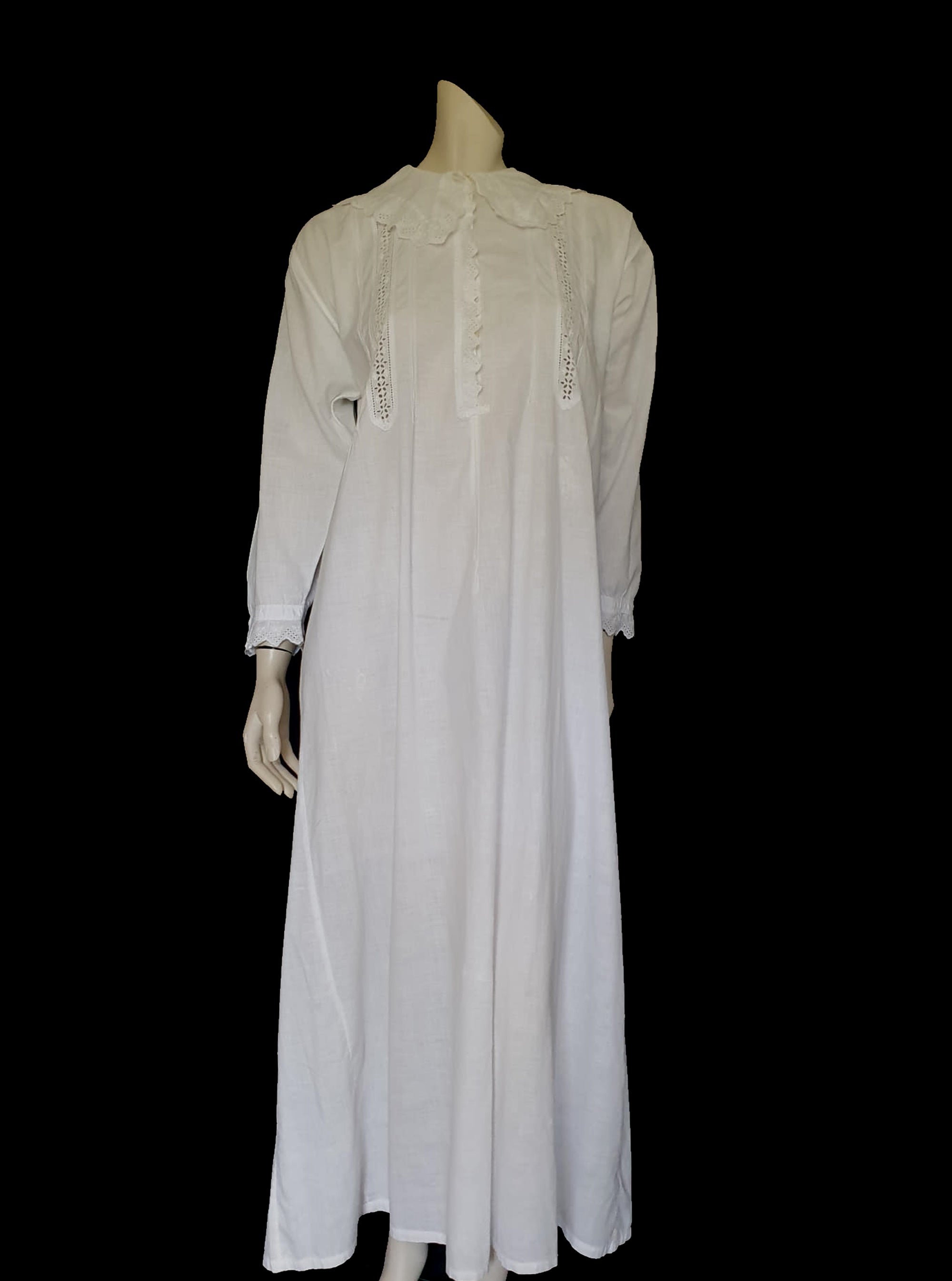 Antique white cotton nightgown with collar, pintucks, long sleeves and broderie anglaise eyelet trim