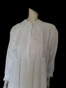 Antique white cotton nightgown with collar, pintucks, long sleeves and broderie anglaise eyelet trim