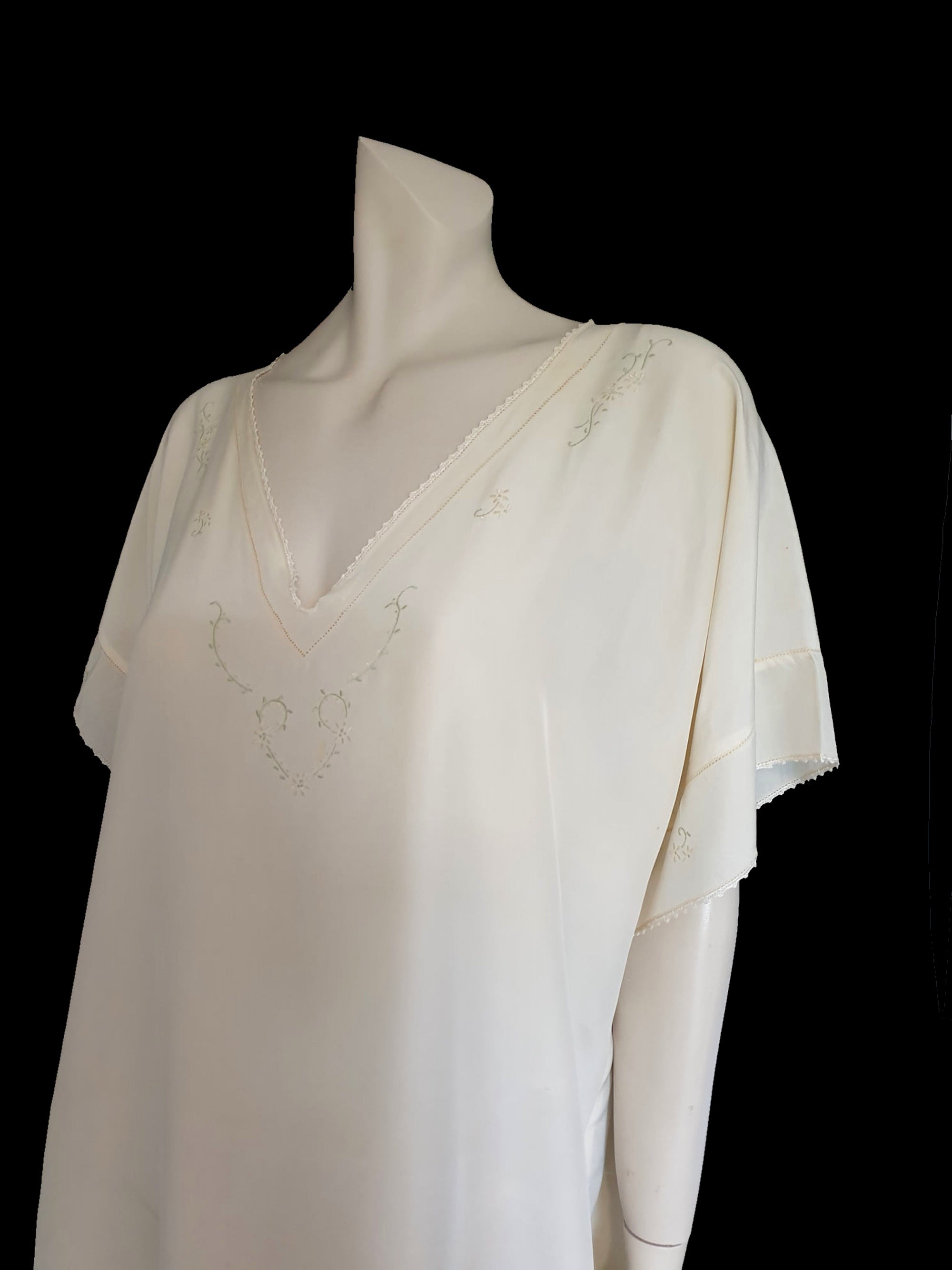 Antique 1920s silky loose-fitting rayon nightgown with hand embroidery medium to large