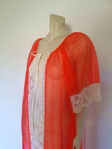 1960s vintage sheer red peignoir robe with white lace Medium