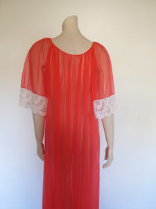 1960s vintage sheer red peignoir robe with white lace Medium