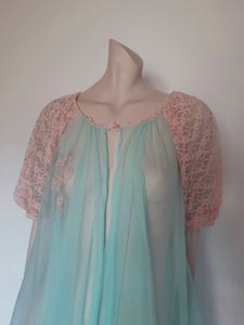 vintage 1960s sheer  short turquoise robe with ecru lace sleeves Medium
