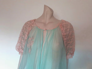 vintage 1960s sheer  short turquoise robe with ecru lace sleeves Medium