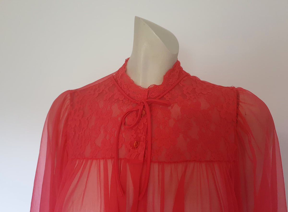 Sheer Red Mini Robe With Lace Yoke and Mandarin Collar - M – Louisa ...