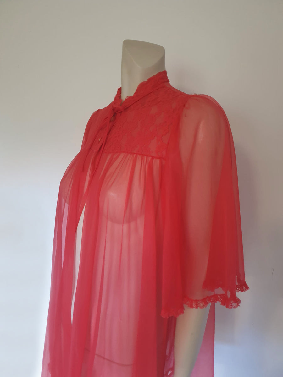 Sheer Red Mini Robe With Lace Yoke and Mandarin Collar - M – Louisa ...
