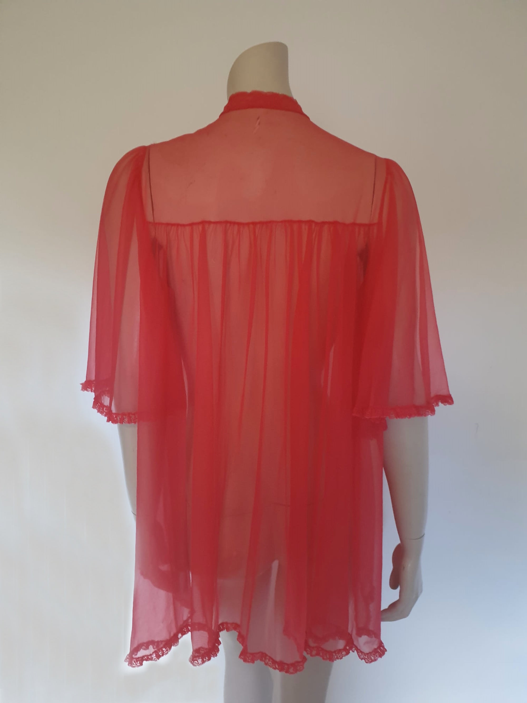 Shortie Red Robe Sheer Red Mini Robe With Lace Yoke and Mandarin Collar - M – Louisa ...