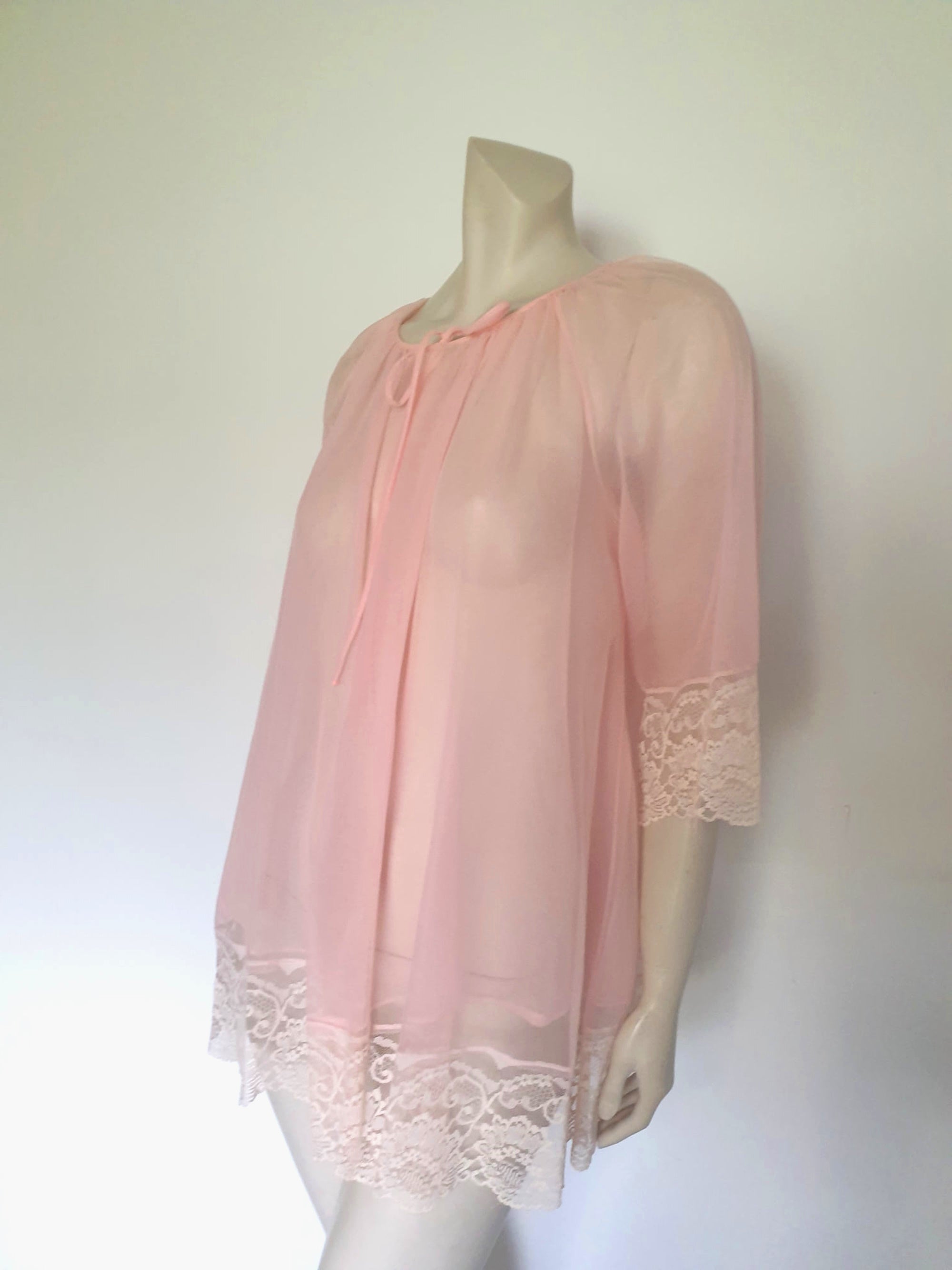 vintage 1960s pink mini babydoll robe sheer nylon with lace
