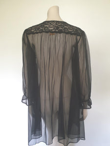 1980s vintage short sheer black robe with lace yoke by barbizon large