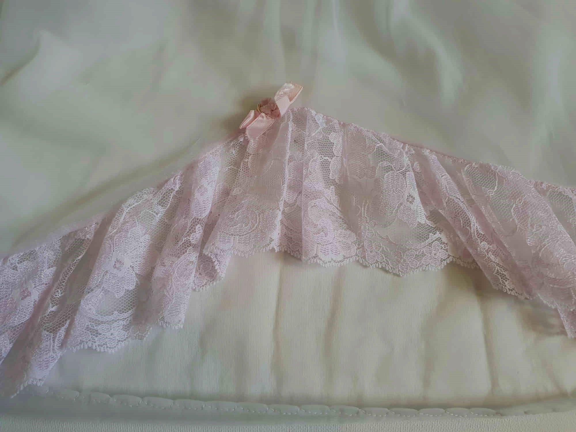 vintage sheer nylon babydoll top nightgown dove grey with pink lace and ribbons small