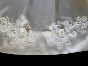 1960s 1970s satin wedding gown with long train embellished with guipure lace and pearl beading Small