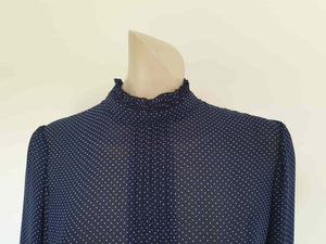 1980s vintage navy blue polka dot secretary dress with high collar Medium