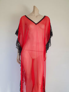 1980s vintage caftan style sheer negligee red with black lace