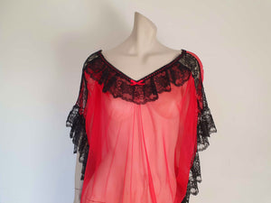 1980s vintage caftan style sheer negligee red with black lace