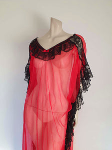 1980s vintage caftan style sheer negligee red with black lace