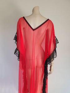 1980s vintage caftan style sheer negligee red with black lace