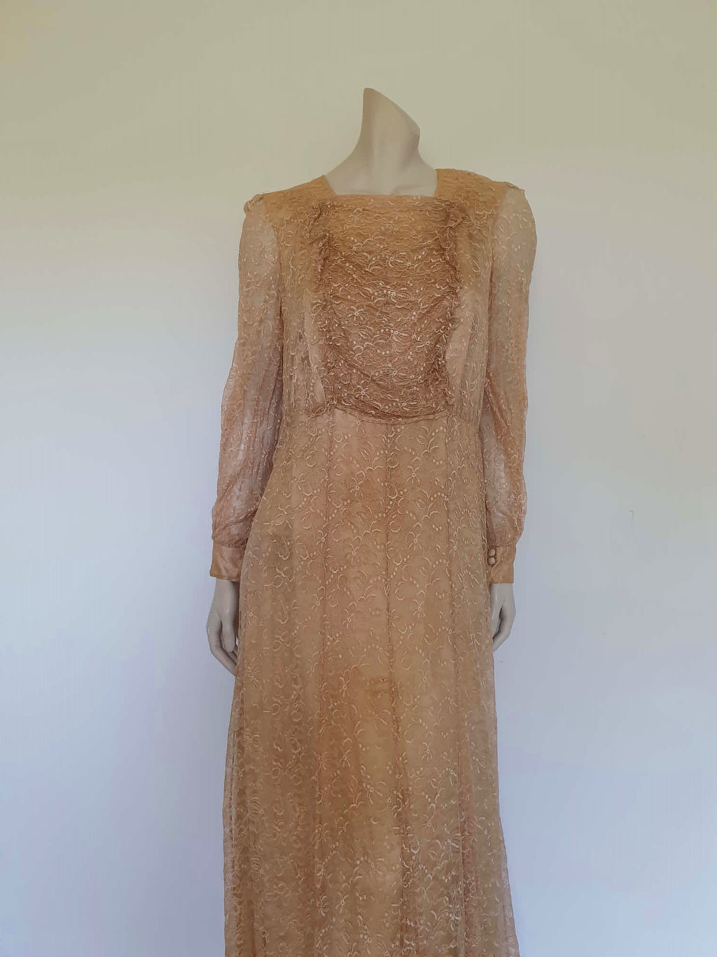 1930s vintage old gold lace dress medium