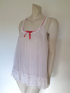 vintage pale pink babydoll nightgown with white lace and red ribbon small