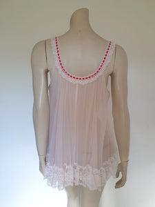 vintage pale pink babydoll nightgown with white lace and red ribbon small