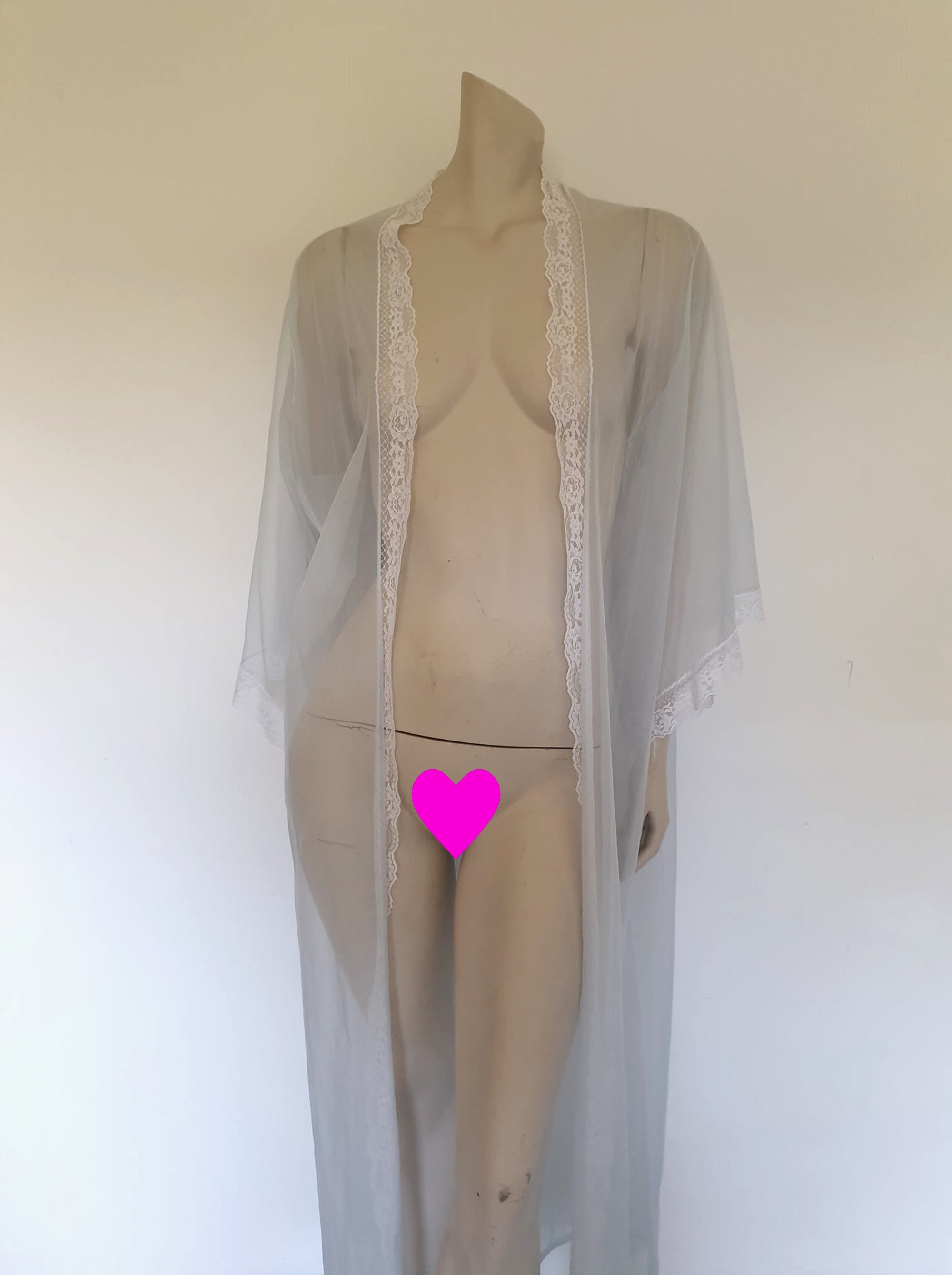 vintage sheer sexy ice blue peignoir or robe with white lace - Sears