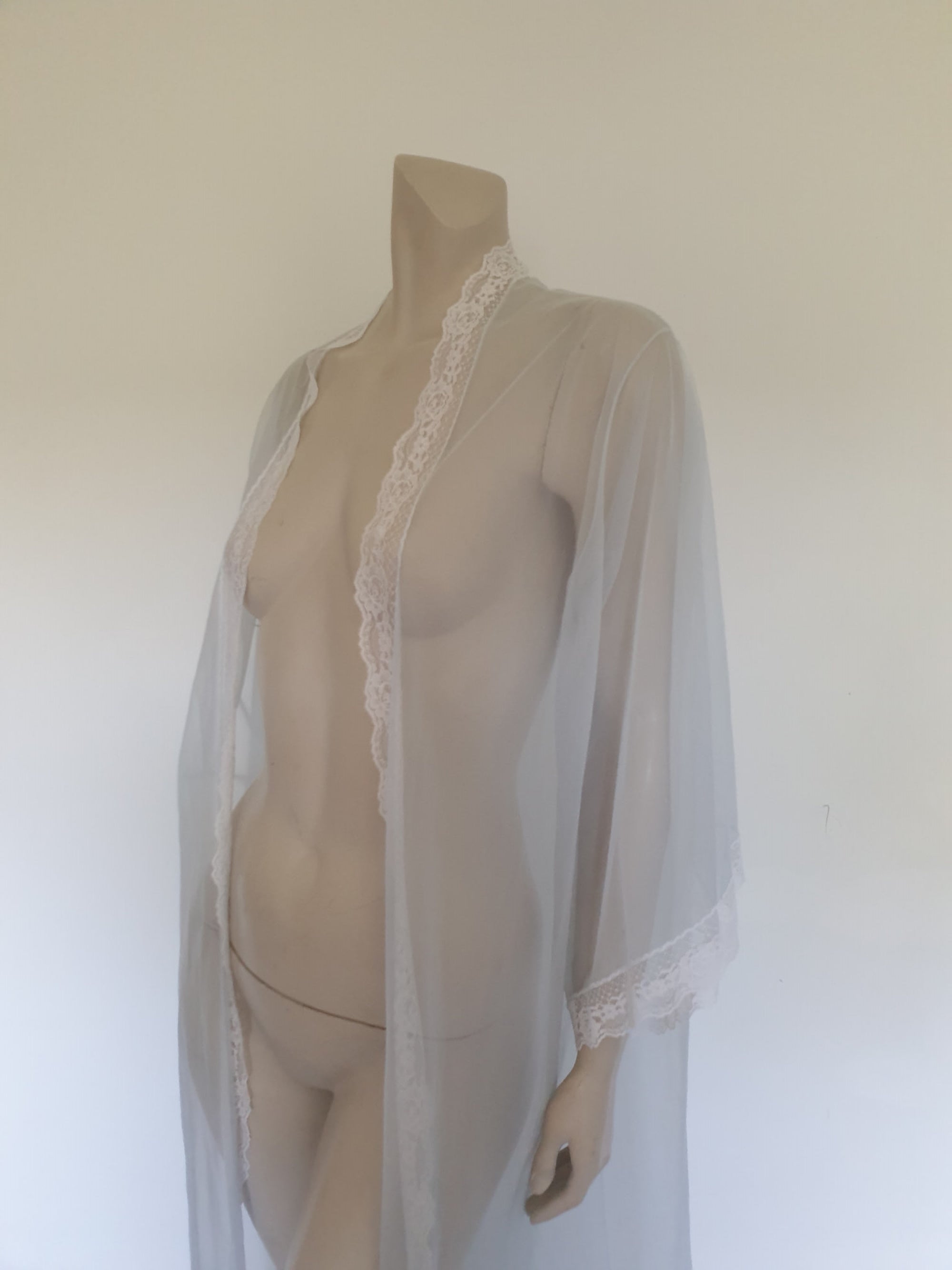 vintage sheer sexy ice blue peignoir or robe with white lace - Sears