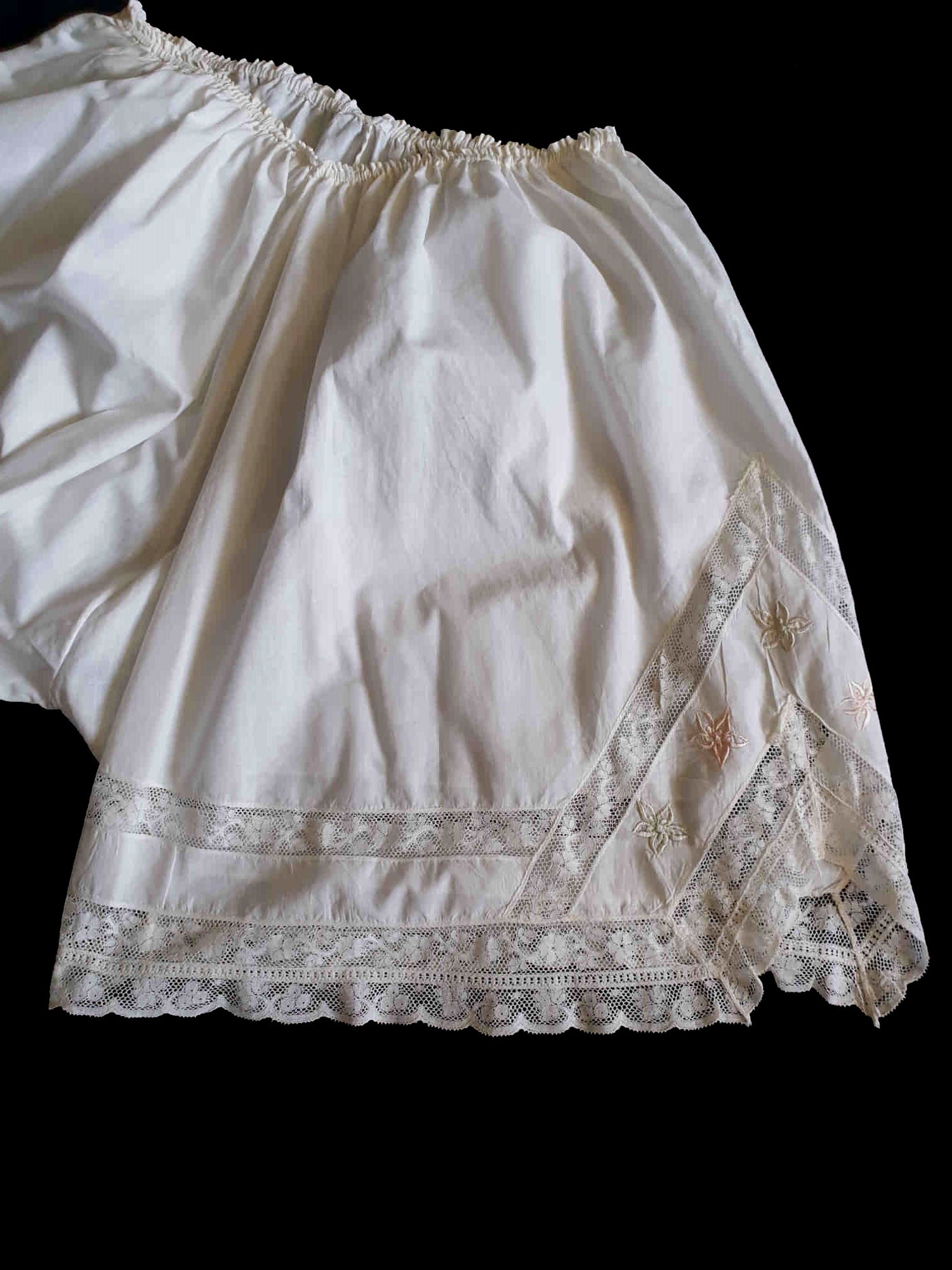 antique vintage wide leg bloomers with lace and embroidery Large