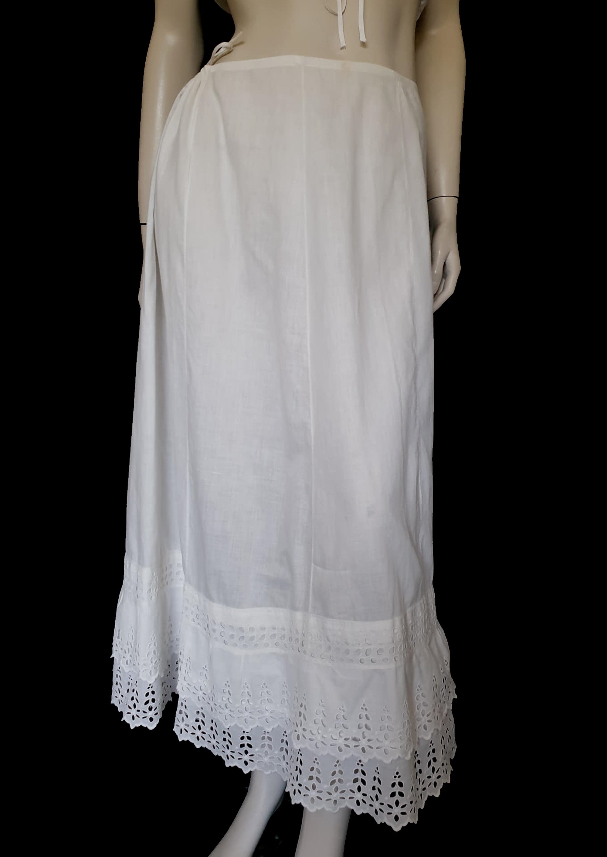 Antique edwardian victorian white cotton petticoat skirt with broderie anglaise eyelet ruffle - Medium