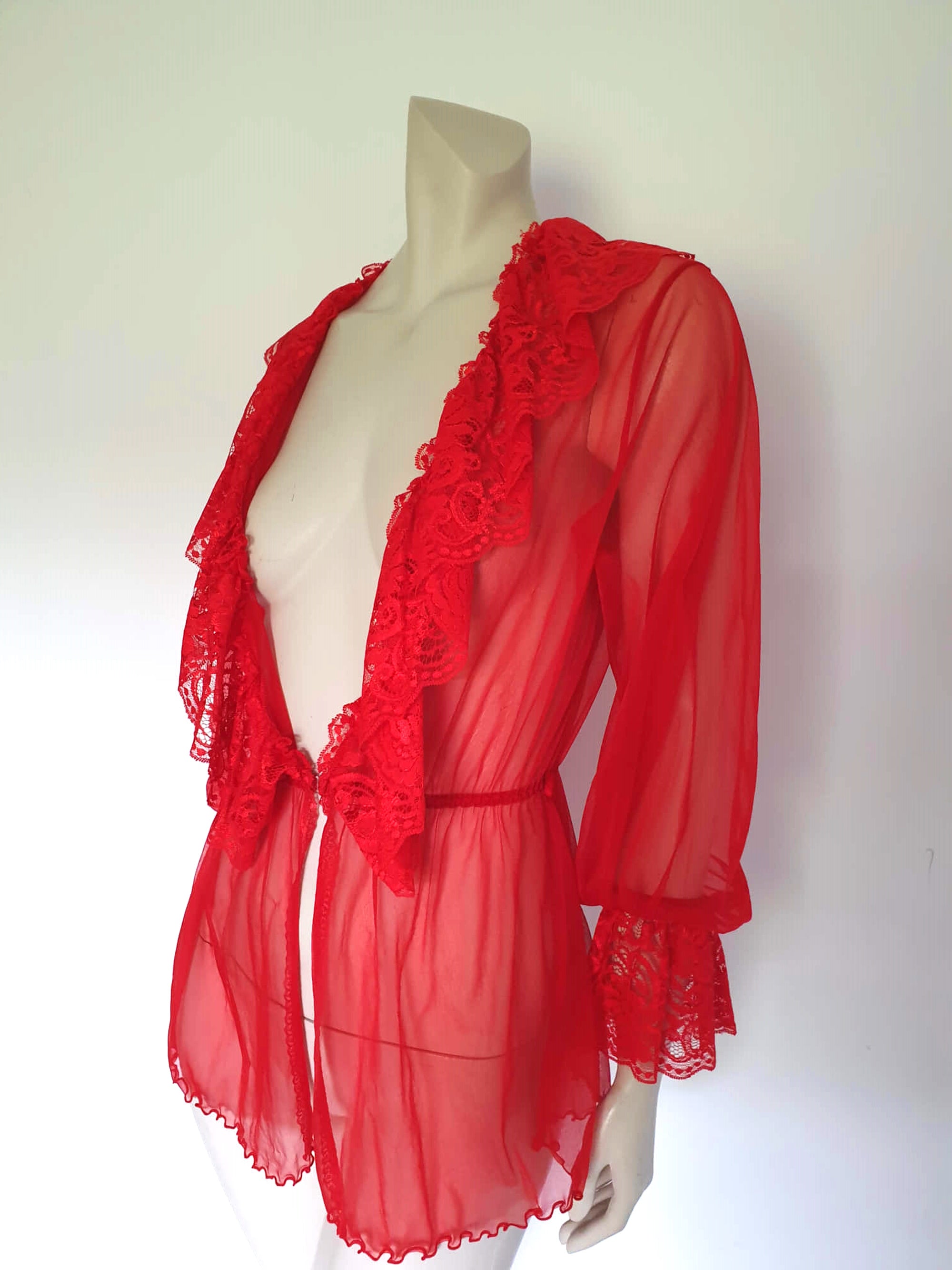 Sheer Red Mini Robe With Plunging Neckline
