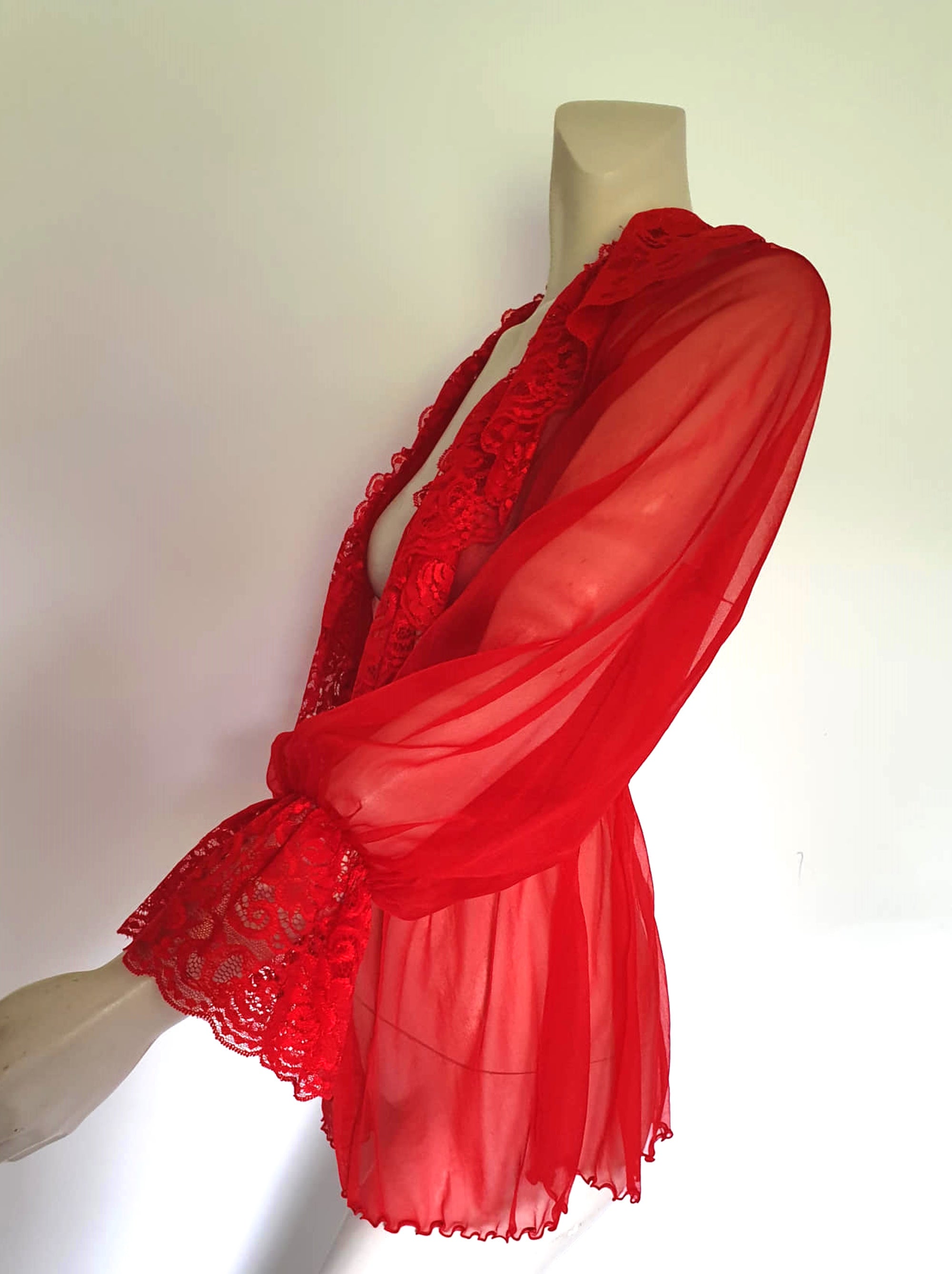 Sheer red mini robe with plunging neckline and ruffles M to L