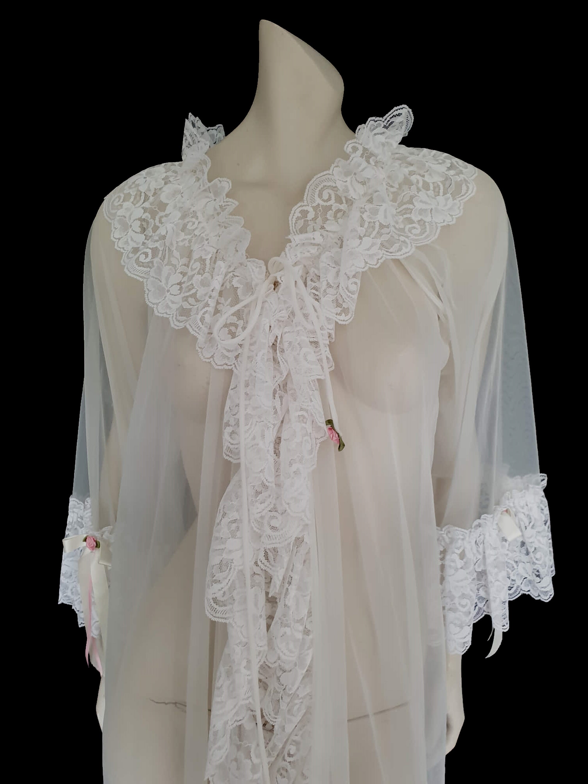 vintage sheer white lacy robe with ribbon roses