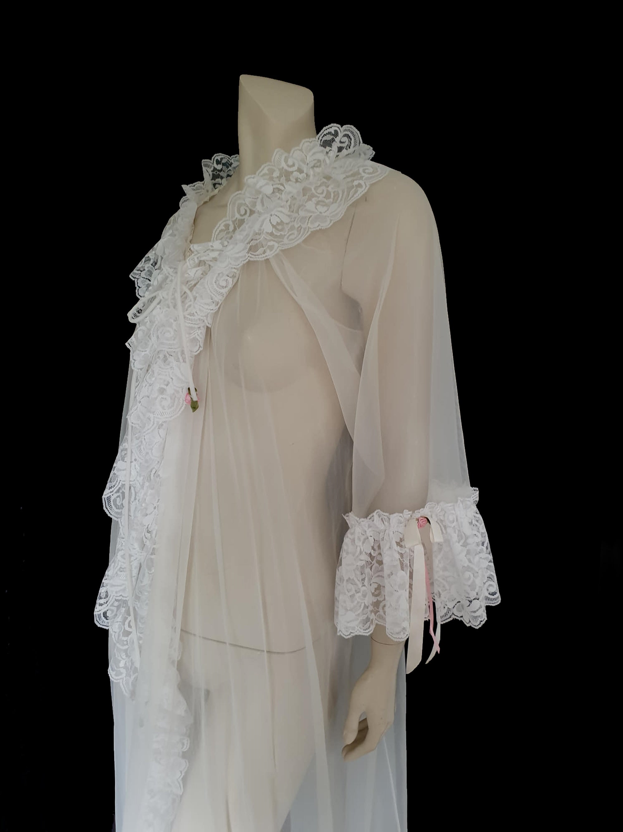 Sheer White Lacy Peignoir With Ribbon Rosettes - M