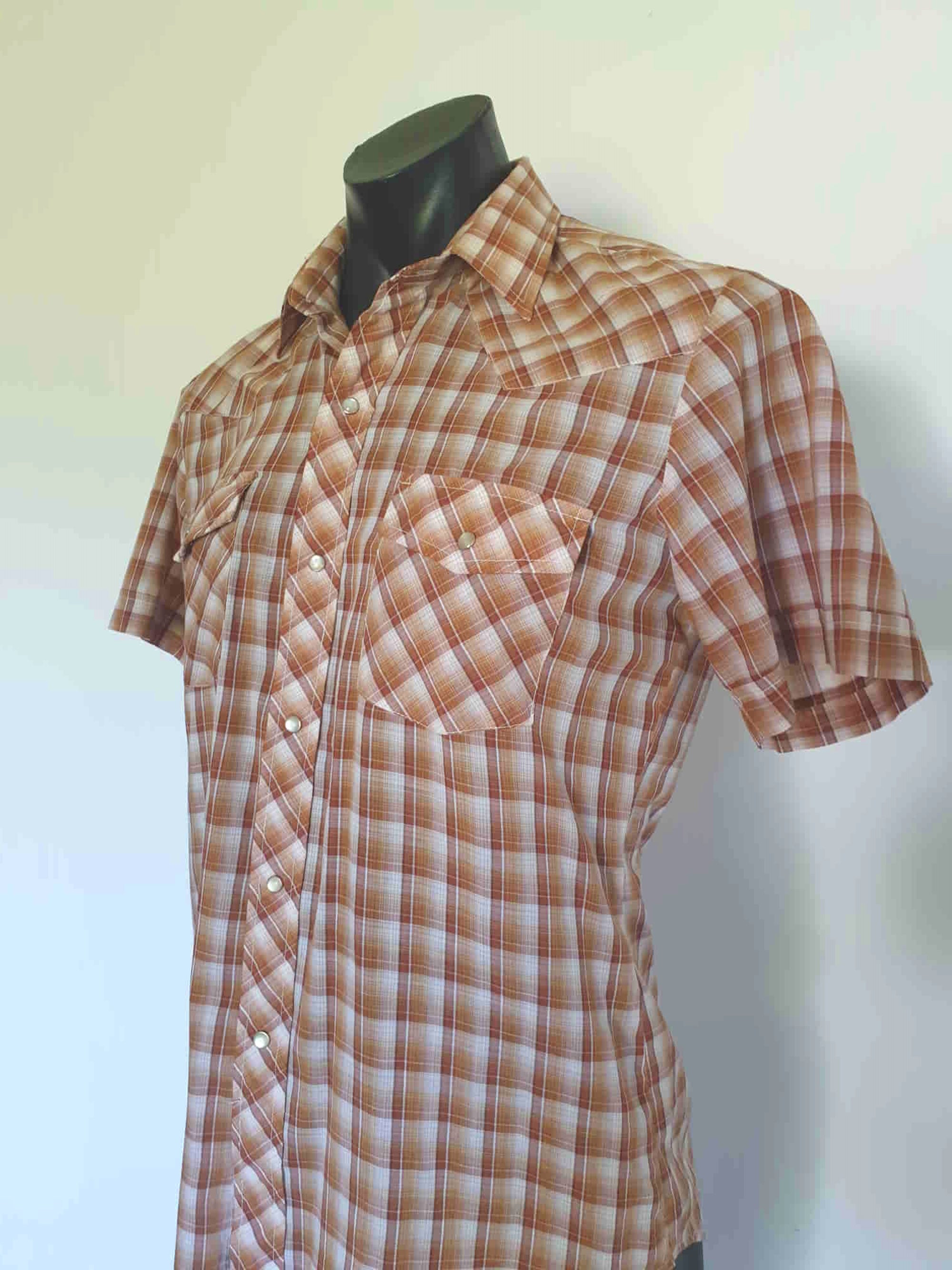 vintage brown checked western style shirt with pearl press studs by ambassador Medium