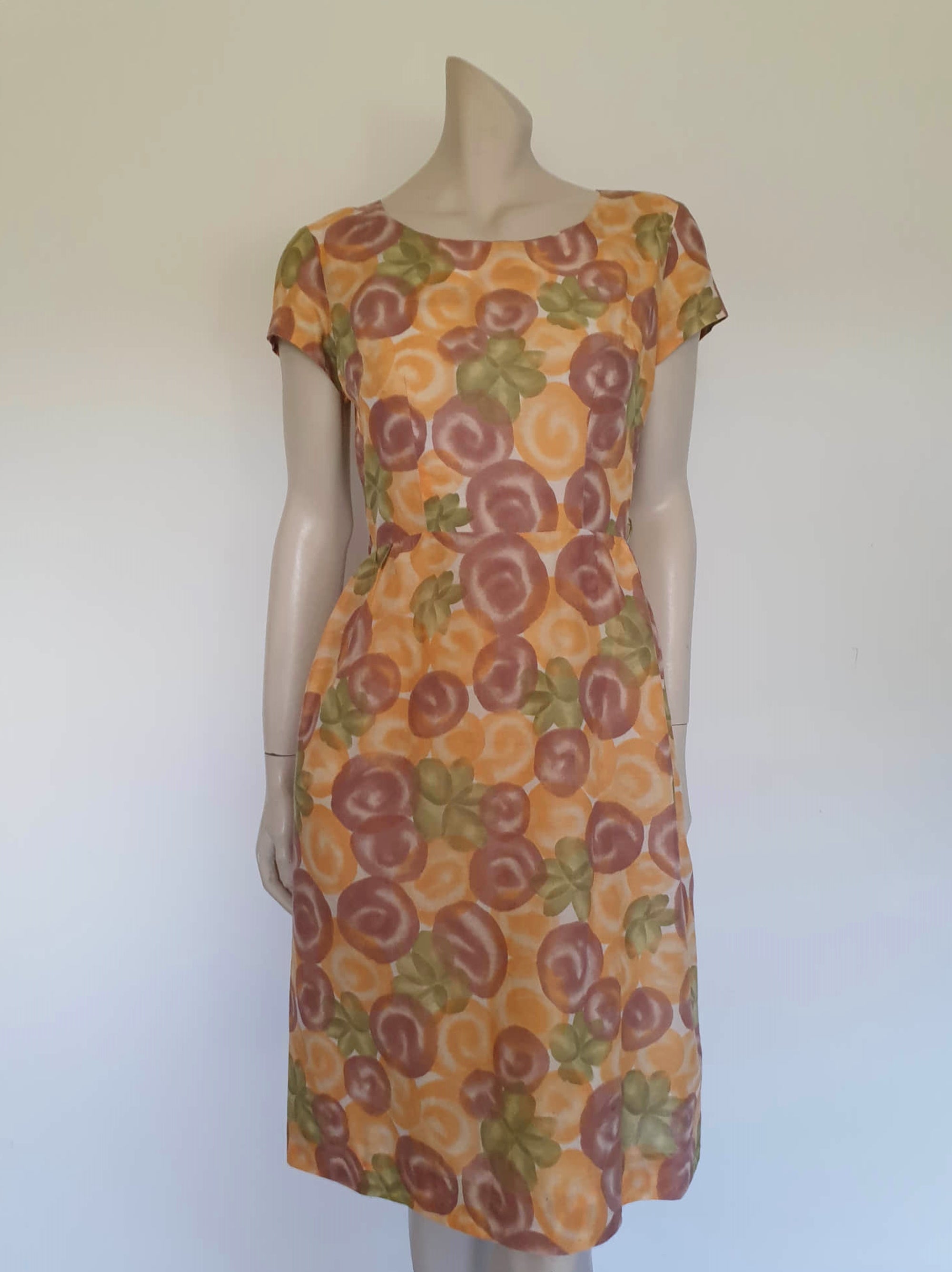 1960s vintage peach and plum cotton dress by American Accent - Medium