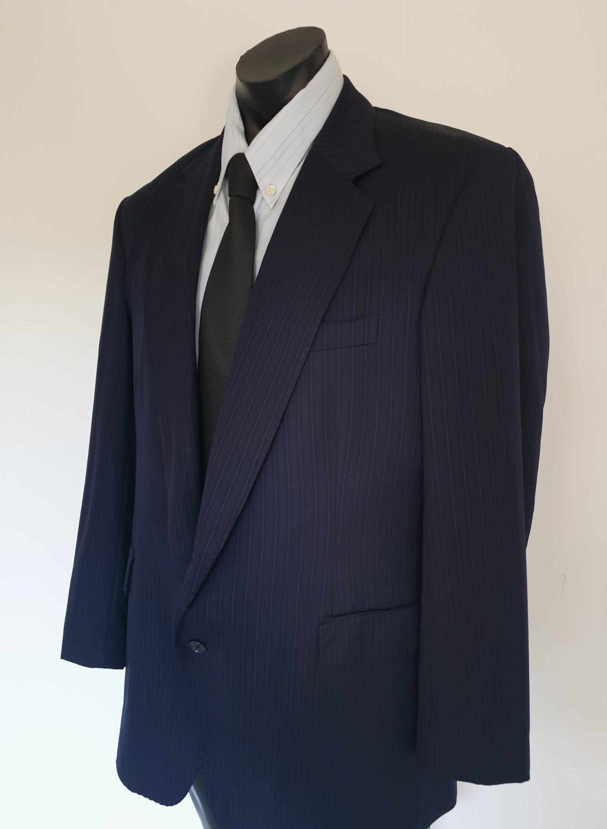 vintage classic navy blue pinstriped jacket by strickland & sons savile row superfine wool - size 42R