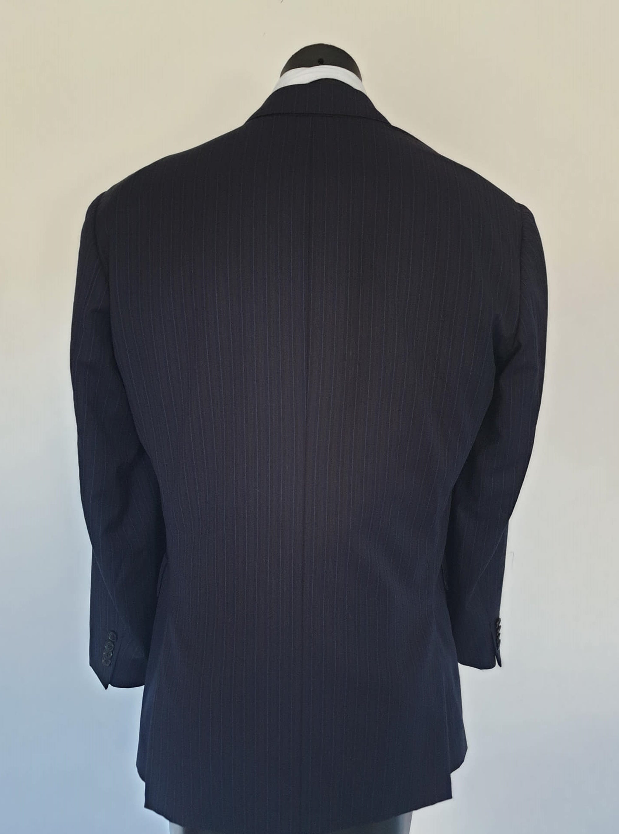 vintage classic navy blue pinstriped jacket by strickland & sons savile row superfine wool - size 42R