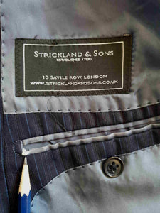 vintage classic navy blue pinstriped jacket by strickland & sons savile row superfine wool - size 42R