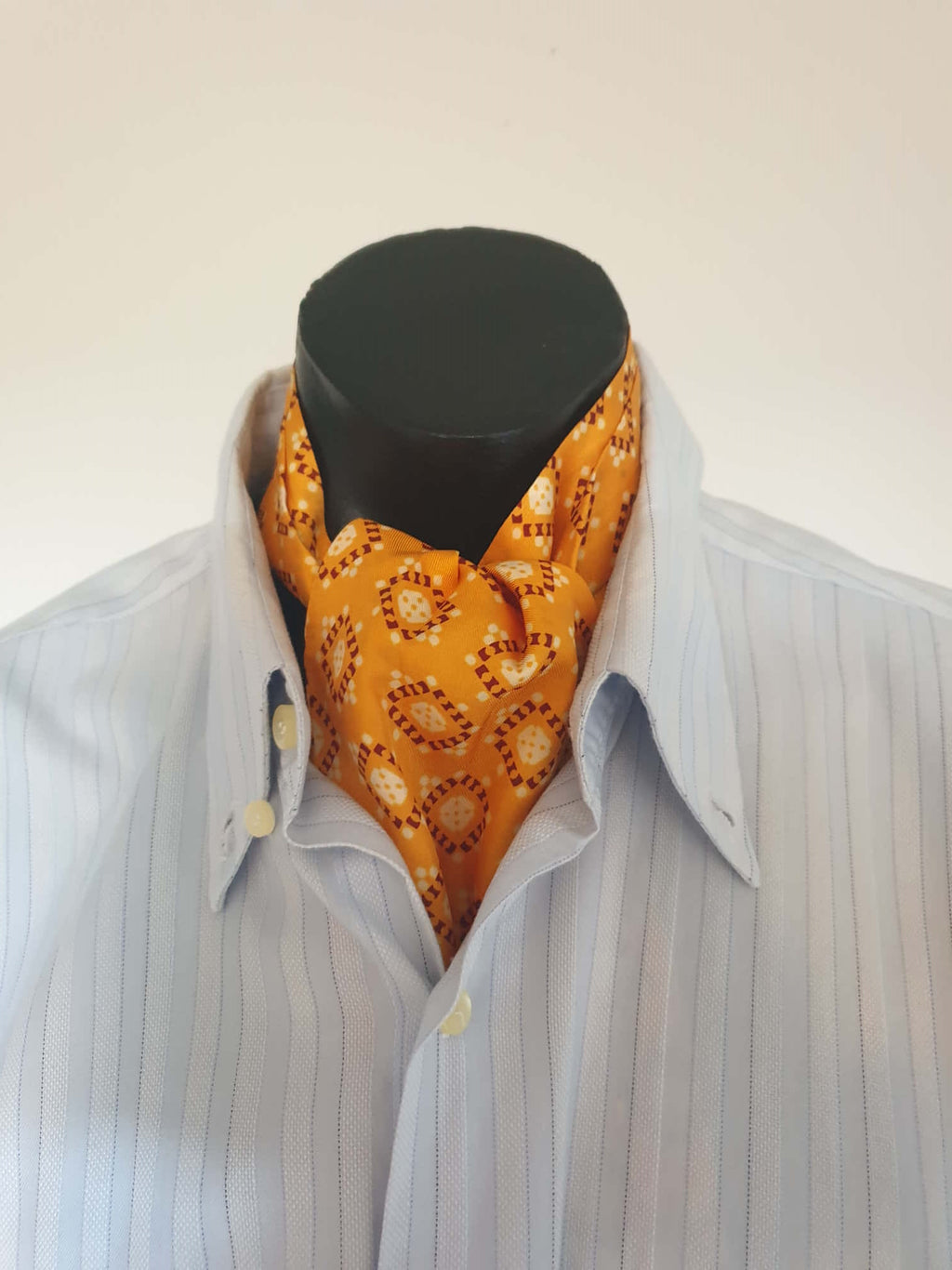 Vintage deep yellow cravat or ascot with brown and white medallions, Rayon, by Vogue of Sydney