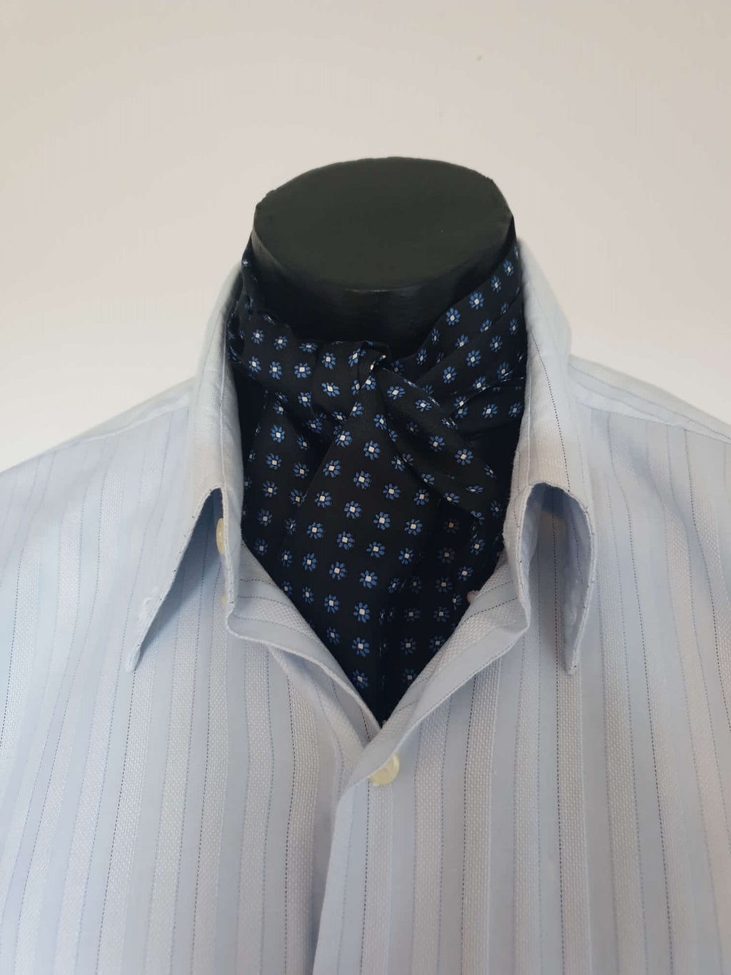 vintage 1950s, 1960s,black silk cravat or ascot with blue grey floral motif