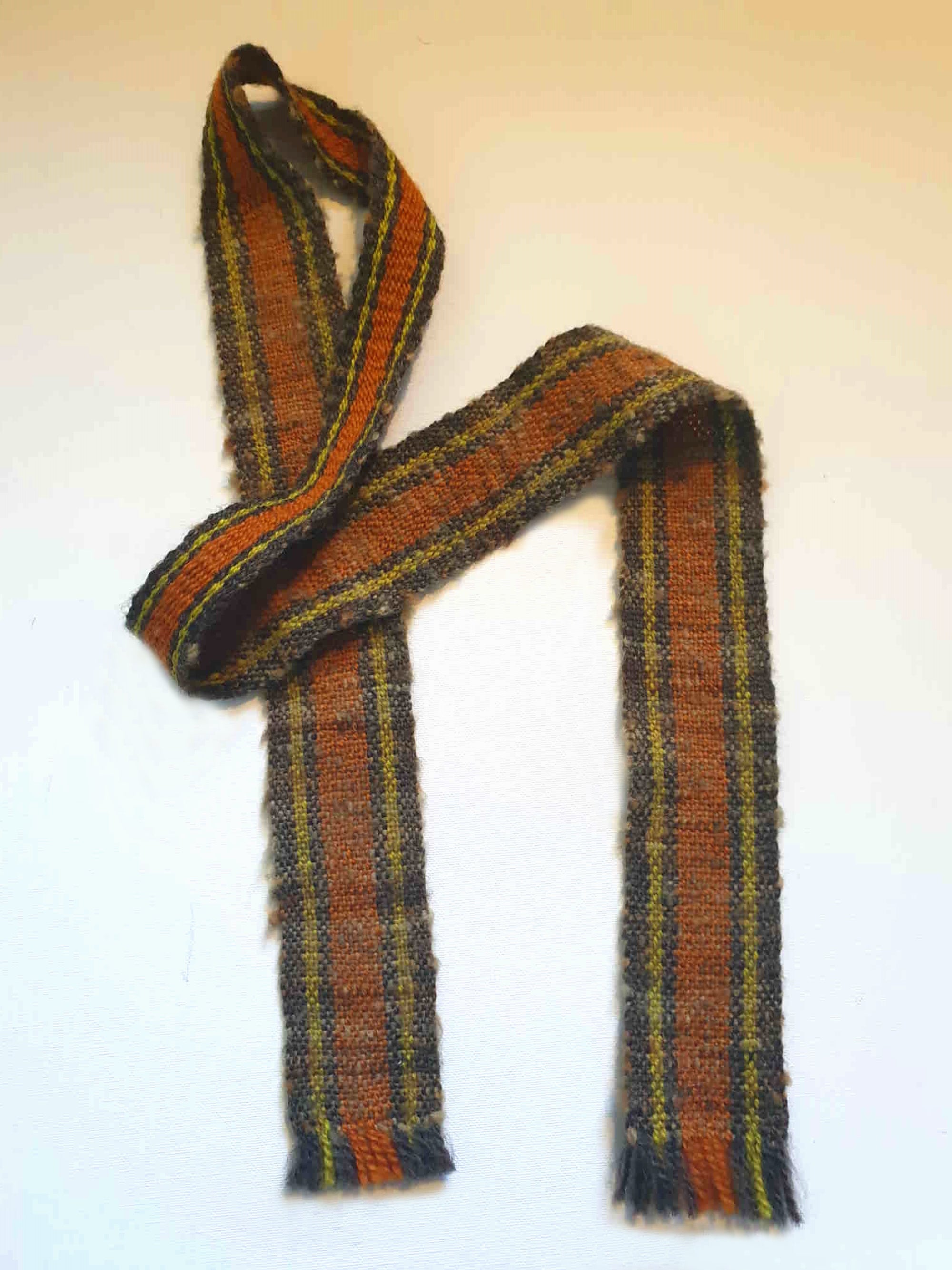 vintage handwoven necktie with square blades and fringe, brown and orange, by Rasma Druva