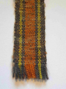 vintage handwoven necktie with square blades and fringe, brown and orange, by Rasma Druva